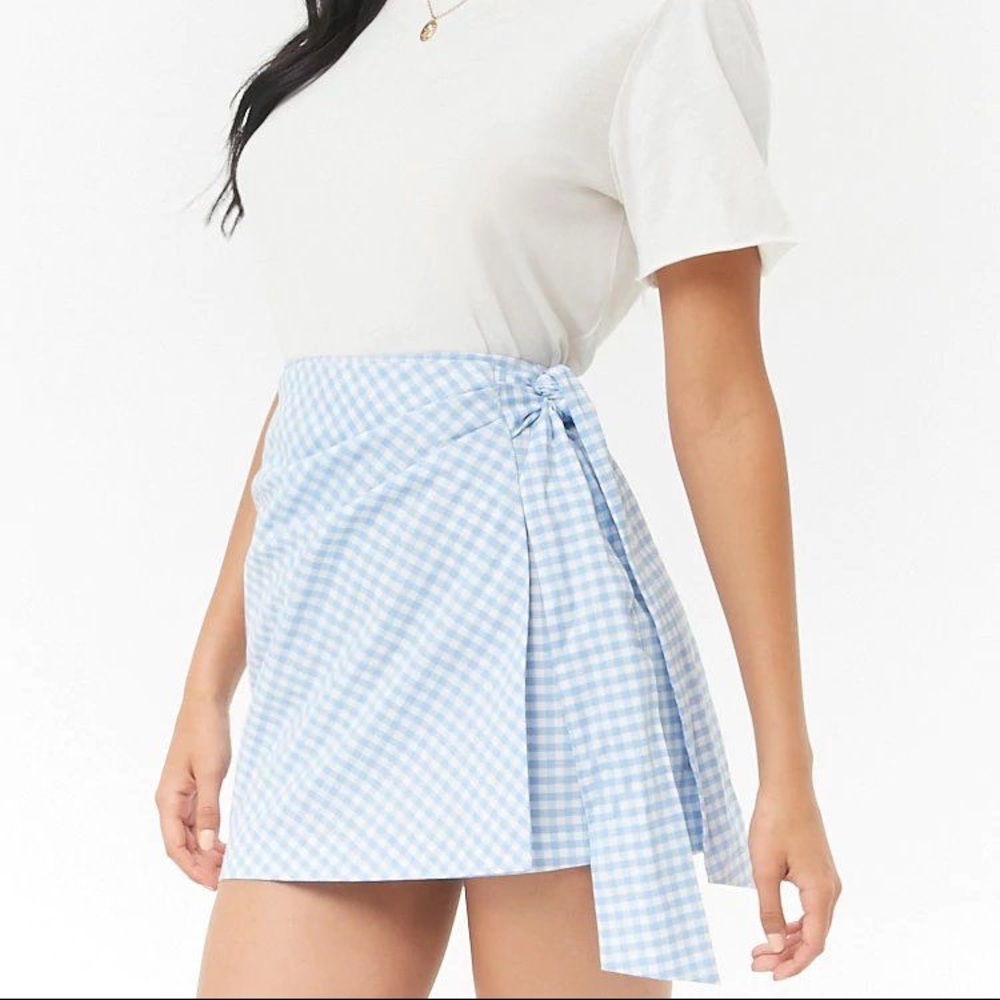 Blue Gingham Wrap Mini Skirt